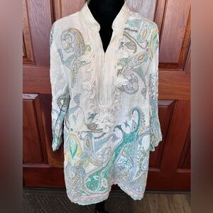 CHARTER CLUB LUXURY LINEN TUNIC BOHO SOUTACHE NECKLINE Paisley Pastels Sz L